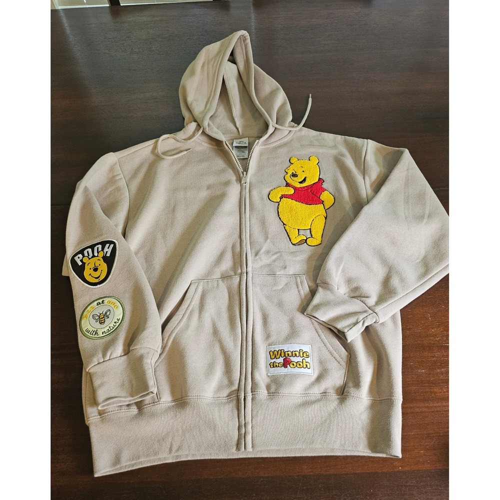 Disney Winnie the Pooh Zip Hoodie Womens L Sand Beige Patch Sleeve Sweatshirt - Picture 2 of 5